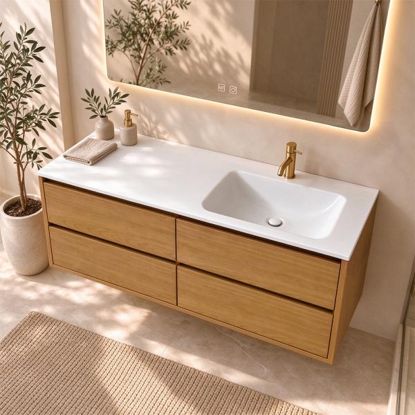 Muxing Badmöbel Set Wandhängend Modern Waschtisch mit Waschbecken aus Sinterstein Unterschrank mit Schubladen Spiegel für Badezimmer 【RW192 K】