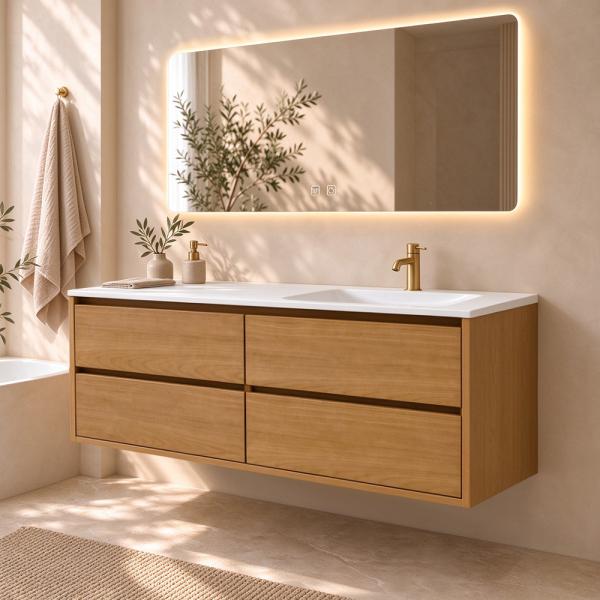 Muxing Badmöbel Set Wandhängend Modern Waschtisch mit Waschbecken aus Sinterstein Unterschrank mit Schubladen Spiegel für Badezimmer 【RW192 K】