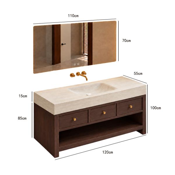 Muxing Waschtisch Set freistehend mit Sinterstein Waschbecken Unterschrank mit Schubladen Spiegel modernes Badmöbel Set bodenstehend【RW446 BKK】