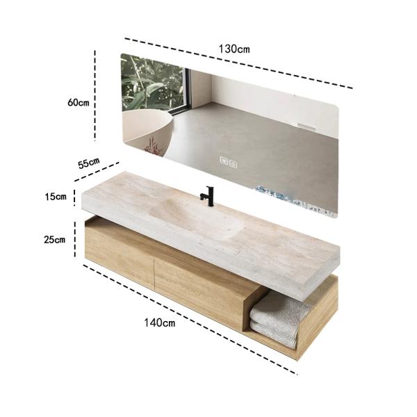 MuXing Wandhängendes Badezimmermöbel-Set mit Waschbecken, Sinterstein, LED-Spiegel, Schubladenschrank und Abflussgarnitur 【RWR208】