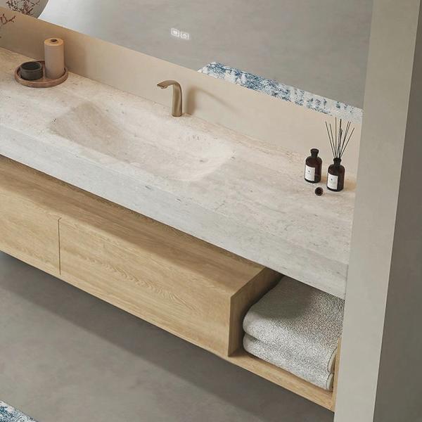 MuXing Wandhängendes Badezimmermöbel-Set mit Waschbecken, Sinterstein, LED-Spiegel, Schubladenschrank und Abflussgarnitur 【RWR208】