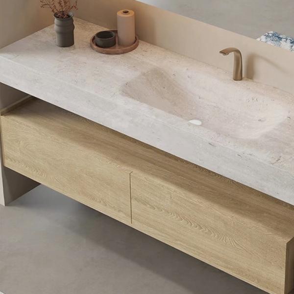MuXing Wandhängendes Badezimmermöbel-Set mit Waschbecken, Sinterstein, LED-Spiegel, Schubladenschrank und Abflussgarnitur 【RWR208】