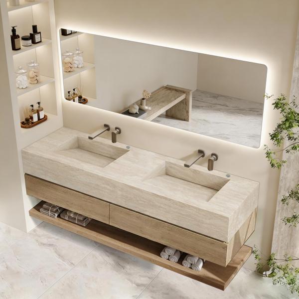 Muxing Badmöbel-Set mit Sinterstein-Doppelwaschbecken in Travertine look, verdecktem Ablauf, Spiegel, Unterschrank, Ablage, Ablaufgarnitur【SPX57-DS】