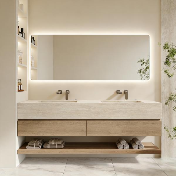 Muxing Badmöbel-Set mit Sinterstein-Doppelwaschbecken in Travertine look, verdecktem Ablauf, Spiegel, Unterschrank, Ablage, Ablaufgarnitur【SPX57-DS】
