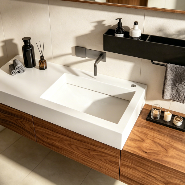 Sinterstein Waschbecken Badezimmer, modernes Aufsatzwaschbecken, eleganter Waschtisch für Bad, Gäste-WC und Waschraum 130*55cm 【XZC950-130】