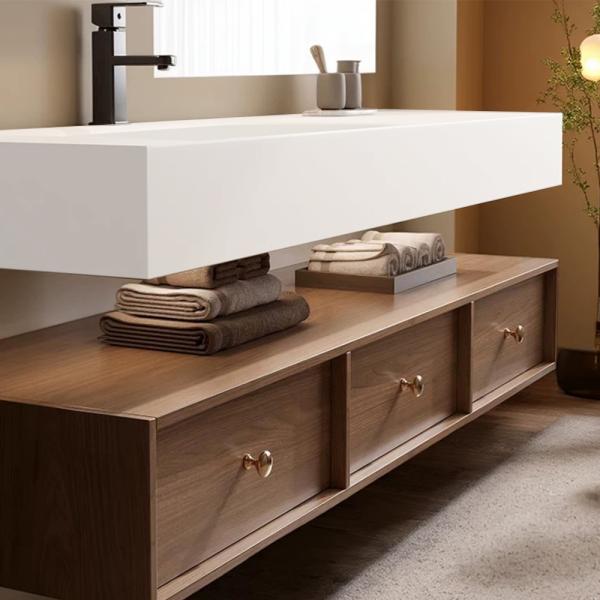 Muxing Elegantes Badezimmer-Set – Weißes Sinterstein-Waschbecken mit braunem Schrank, LED-Antibeschlagspiegel & 3 geräumige Schubladen【C805】【YTC805】