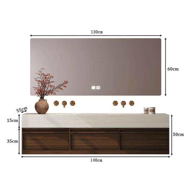 Muxing Waschbecken aus Sinterstein Waschbecken Doppelspüle Spüle mit zwei Becken Waschtisch-Set mit LED-Spiegel und Schränk【RW3318 BKK】