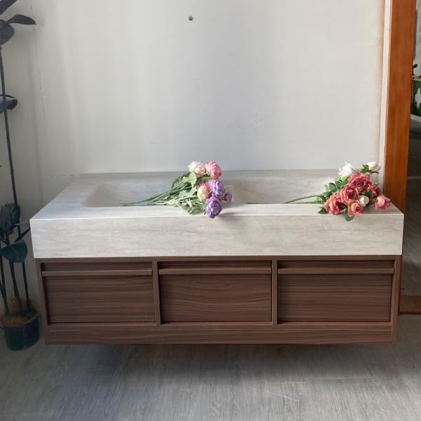 Muxing Waschbecken aus Sinterstein Waschbecken Doppelspüle Spüle mit zwei Becken Waschtisch-Set mit LED-Spiegel und Schränk【RW3318 BKK】