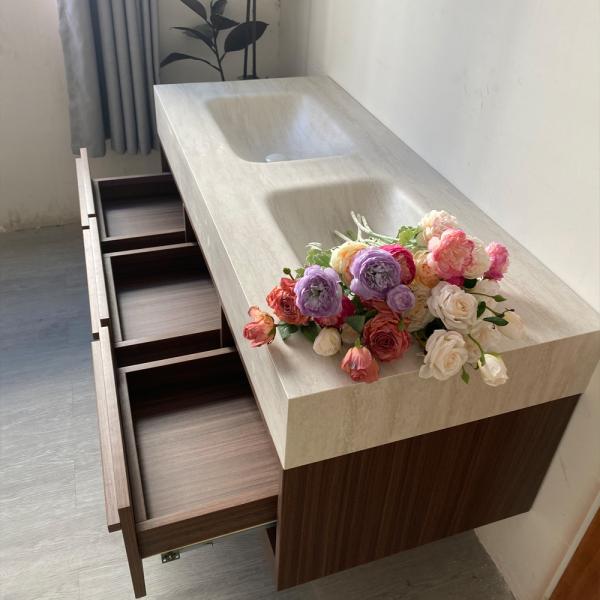 Muxing Waschbecken aus Sinterstein Waschbecken Doppelspüle Spüle mit zwei Becken Waschtisch-Set mit LED-Spiegel und Schränk【RW3318 BKK】