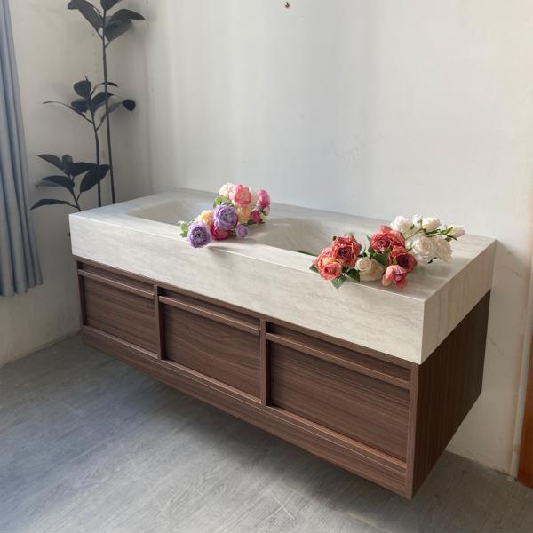 Muxing Waschbecken aus Sinterstein Waschbecken Doppelspüle Spüle mit zwei Becken Waschtisch-Set mit LED-Spiegel und Schränk【RW3318 BKK】