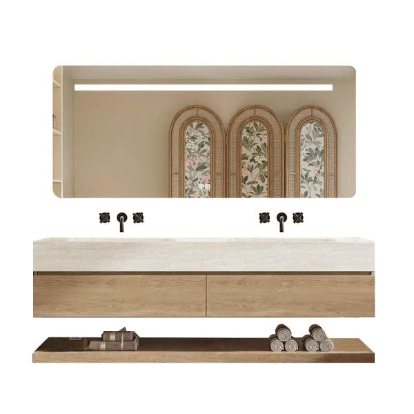 Muxing Thermogeformtes Doppel-Wand-Waschbecken-Set, Travertine look, mit Spiegel, Unterschrank, Ablage & Ablauf, ohne Armaturenloch【RW4822-BKK】