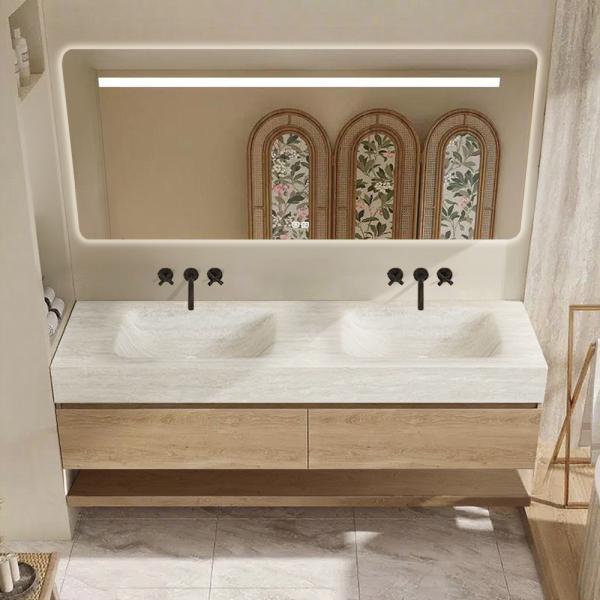 Muxing Thermogeformtes Doppel-Wand-Waschbecken-Set, Travertine look, mit Spiegel, Unterschrank, Ablage & Ablauf, ohne Armaturenloch【RW4822-BKK】