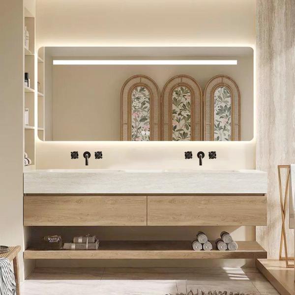 Muxing Thermogeformtes Doppel-Wand-Waschbecken-Set, Travertine look, mit Spiegel, Unterschrank, Ablage & Ablauf, ohne Armaturenloch【RW4822-BKK】