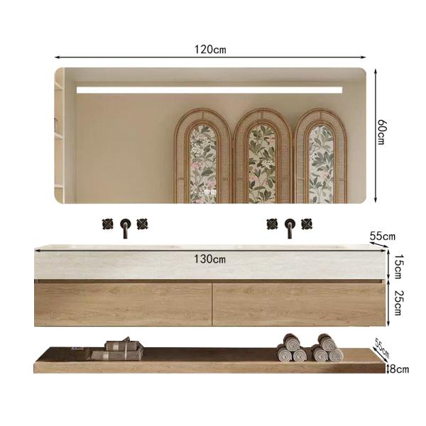 Muxing Thermogeformtes Doppel-Wand-Waschbecken-Set, Travertine look, mit Spiegel, Unterschrank, Ablage & Ablauf, ohne Armaturenloch【RW4822-BKK】