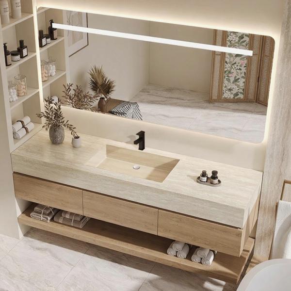 MuXing Wandhängendes Waschbecken-Set - Sinterstein - Travertine look, mit Spiegel, Unterschrank, Ablage & Ablauf, mit Armaturenloch 120×55 cm【YT9865-K】