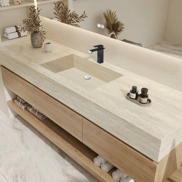 MuXing Wandhängendes Waschbecken-Set - Sinterstein - Travertine look, mit Spiegel, Unterschrank, Ablage & Ablauf, mit Armaturenloch 120×55 cm【YT9865-K】