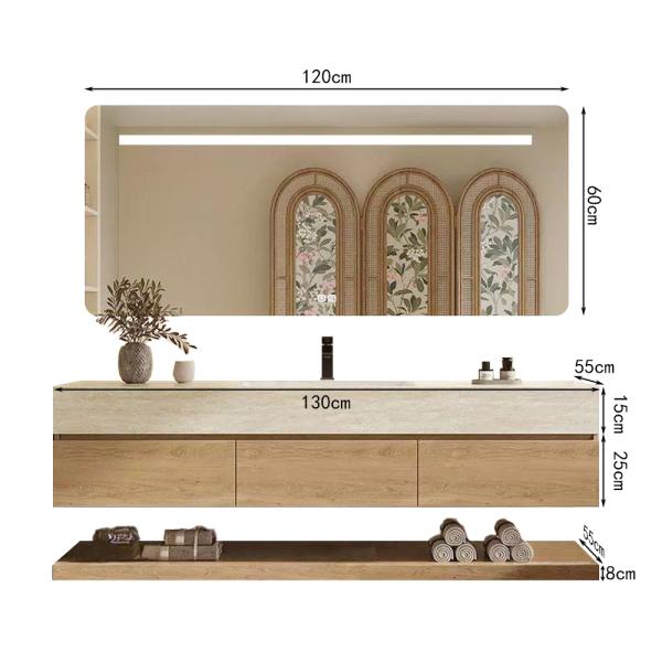 MuXing Wandhängendes Waschbecken-Set - Sinterstein - Travertine look, mit Spiegel, Unterschrank, Ablage & Ablauf, mit Armaturenloch 120×55 cm【YT9865-K】