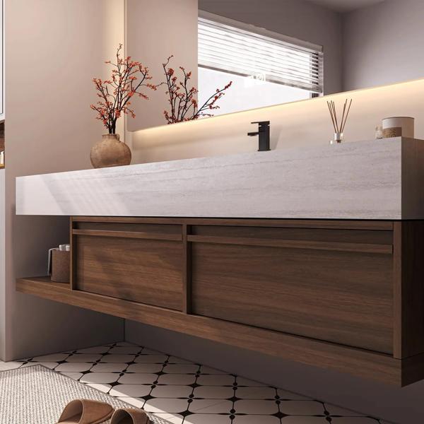 Muxing Möbel-Waschbecken - Sinterstein - Waschtischmöbel, Waschbecken mit Unterschrank, Wandspiegel, Spüle mit Armaturenloch【RW016 K】