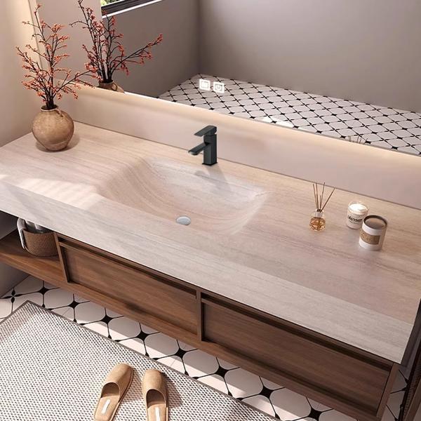 Muxing Möbel-Waschbecken - Sinterstein - Waschtischmöbel, Waschbecken mit Unterschrank, Wandspiegel, Spüle mit Armaturenloch【RW016 K】