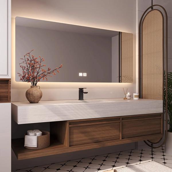 Muxing Möbel-Waschbecken - Sinterstein - Waschtischmöbel, Waschbecken mit Unterschrank, Wandspiegel, Spüle mit Armaturenloch【RW016 K】