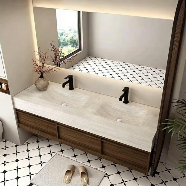 Muxing Waschbecken aus Sinterstein Waschbecken Doppelspüle Spüle mit zwei Becken Waschtisch-Set mit LED-Spiegel und Schränk【RW3318】