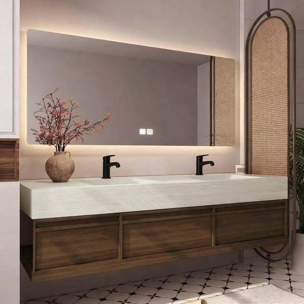 Muxing Waschbecken aus Sinterstein Waschbecken Doppelspüle Spüle mit zwei Becken Waschtisch-Set mit LED-Spiegel und Schränk【RW3318】