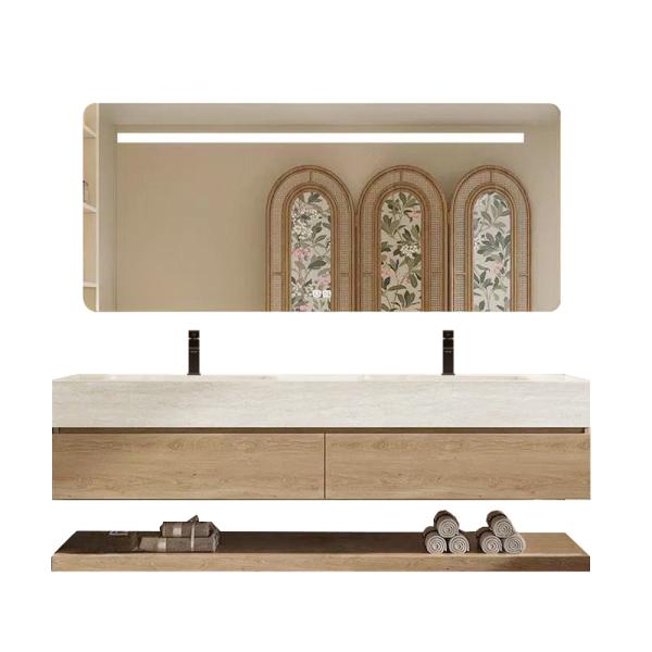 Muxing Thermogeformtes Doppel-Wand-Waschbecken-Set, Travertine look, mit Spiegel, Unterschrank, Ablage & Ablauf, mit Armaturenloch 130×55 cm【RW4822-130 K】