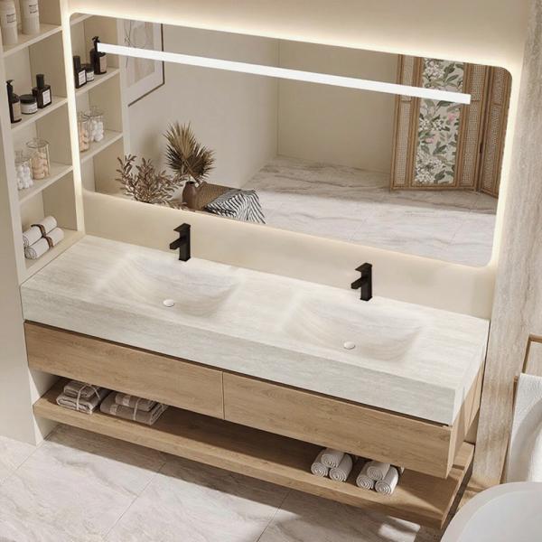 Muxing Thermogeformtes Doppel-Wand-Waschbecken-Set, Travertine look, mit Spiegel, Unterschrank, Ablage & Ablauf, mit Armaturenloch 130×55 cm【RW4822-130 K】