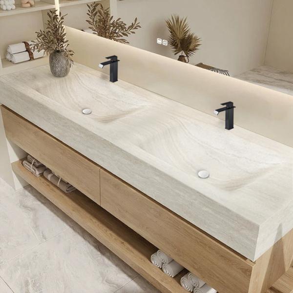 Muxing Thermogeformtes Doppel-Wand-Waschbecken-Set, Travertine look, mit Spiegel, Unterschrank, Ablage & Ablauf, mit Armaturenloch 130×55 cm【RW4822-130 K】