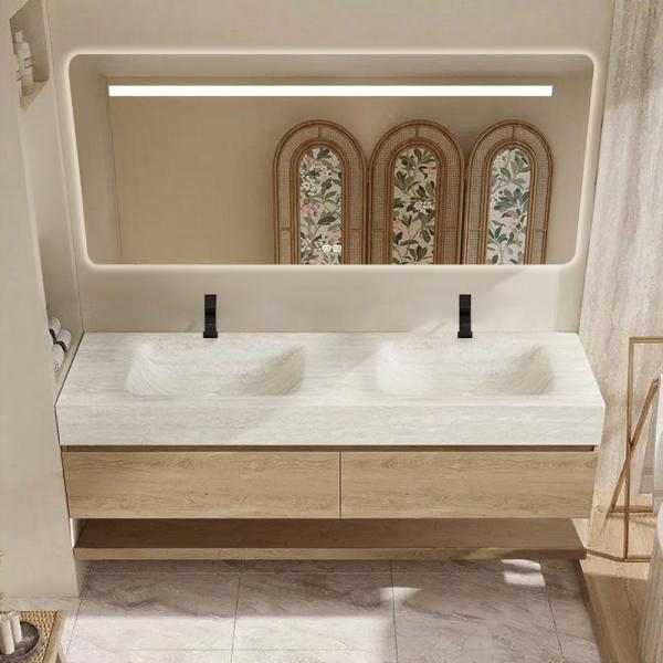 Muxing Thermogeformtes Doppel-Wand-Waschbecken-Set, Travertine look, mit Spiegel, Unterschrank, Ablage & Ablauf, mit Armaturenloch 130×55 cm【RW4822-130 K】
