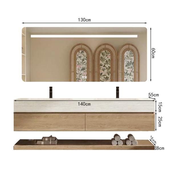 Muxing Thermogeformtes Doppel-Wand-Waschbecken-Set, Travertine look, mit Spiegel, Unterschrank, Ablage & Ablauf, mit Armaturenloch 130×55 cm【RW4822-130 K】