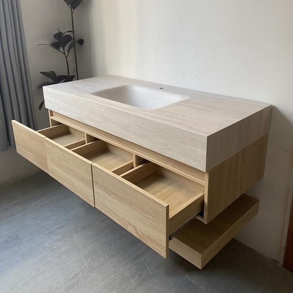 Muxing Wandhängendes Waschbecken-Set - Sinterstein - Travertine look, mit Spiegel, Unterschrank, Ablage & Ablauf, mit Armaturenloch【RW9865-K】