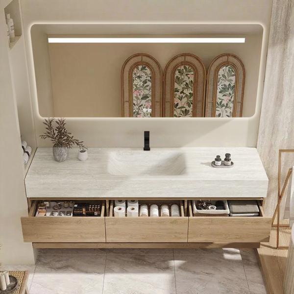 Muxing Wandhängendes Waschbecken-Set - Sinterstein - Travertine look, mit Spiegel, Unterschrank, Ablage & Ablauf, mit Armaturenloch【RW9865-K】