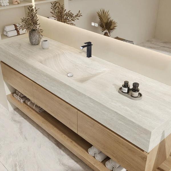 Muxing Wandhängendes Waschbecken-Set - Sinterstein - Travertine look, mit Spiegel, Unterschrank, Ablage & Ablauf, mit Armaturenloch【RW9865-K】