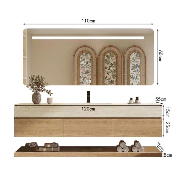 Muxing Wandhängendes Waschbecken-Set - Sinterstein - Travertine look, mit Spiegel, Unterschrank, Ablage & Ablauf, mit Armaturenloch【RW9865-K】