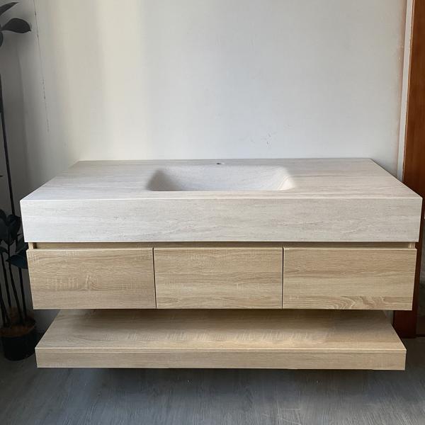 Muxing Wandhängendes Waschbecken-Set - Sinterstein - Travertine look, mit Spiegel, Unterschrank, Ablage & Ablauf, mit Armaturenloch【RW9865-K】