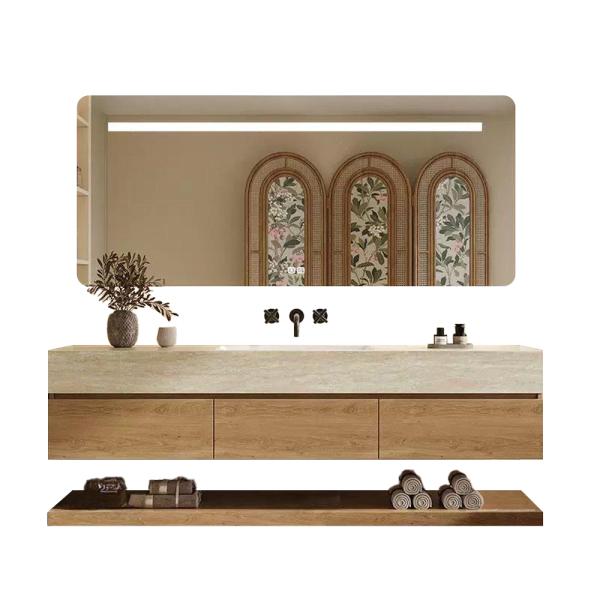 Muxing Wandhängendes Waschbecken-Set - Sinterstein - Travertine look,mit Spiegel, Unterschrank, Ablage & Ablauf, ohne Armaturenloch 120×55 cm【RW9865-120 BKK】