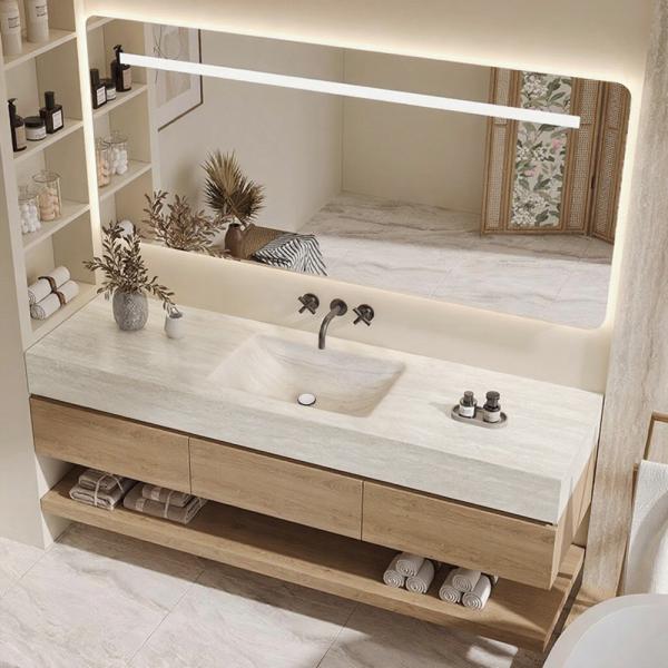 Muxing Wandhängendes Waschbecken-Set - Sinterstein - Travertine look,mit Spiegel, Unterschrank, Ablage & Ablauf, ohne Armaturenloch 120×55 cm【RW9865-120 BKK】
