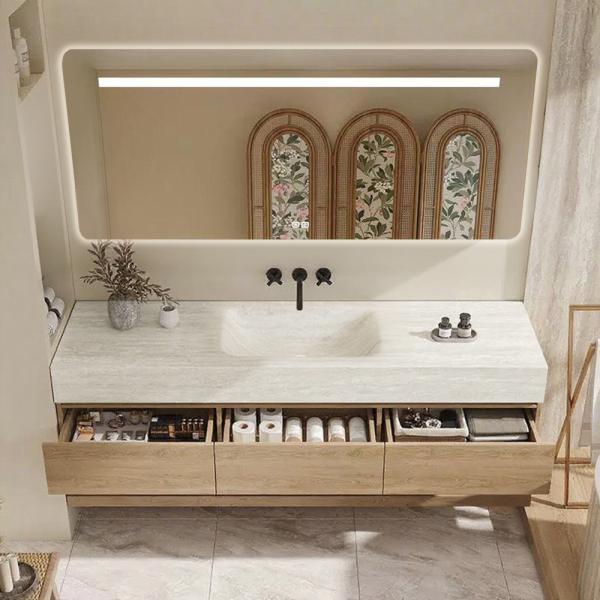 Muxing Wandhängendes Waschbecken-Set - Sinterstein - Travertine look,mit Spiegel, Unterschrank, Ablage & Ablauf, ohne Armaturenloch 120×55 cm【RW9865-120 BKK】