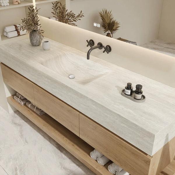 Muxing Wandhängendes Waschbecken-Set - Sinterstein - Travertine look,mit Spiegel, Unterschrank, Ablage & Ablauf, ohne Armaturenloch 120×55 cm【RW9865-120 BKK】