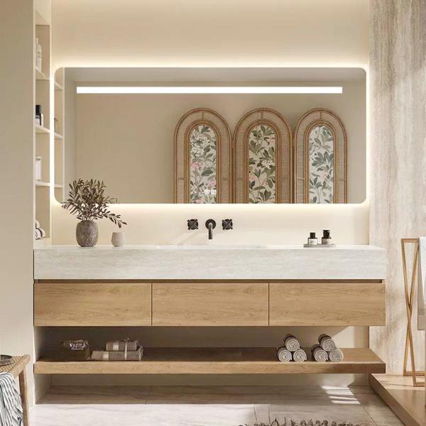 Muxing Wandhängendes Waschbecken-Set - Sinterstein - Travertine look,mit Spiegel, Unterschrank, Ablage & Ablauf, ohne Armaturenloch 120×55 cm【RW9865-120 BKK】