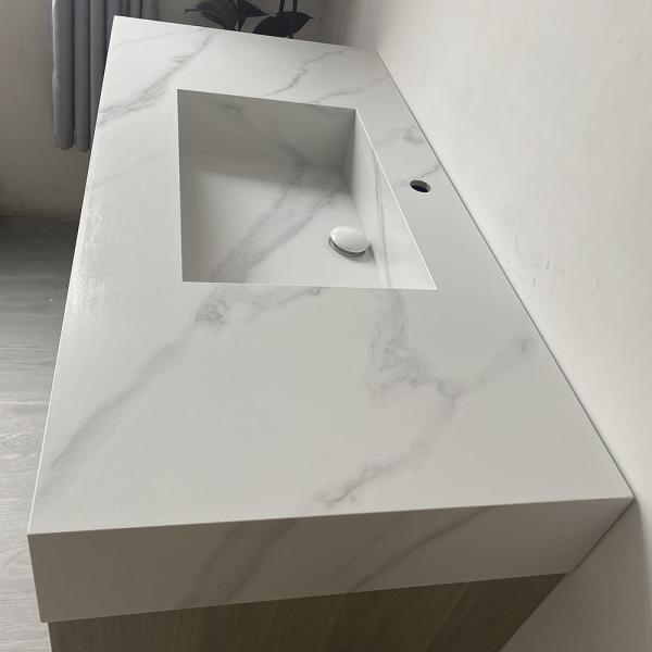 Muxing Waschbecken weiß Arbeitsplatte Holzmaserung Unterschrank Set mit Spiegel【YT-3256】