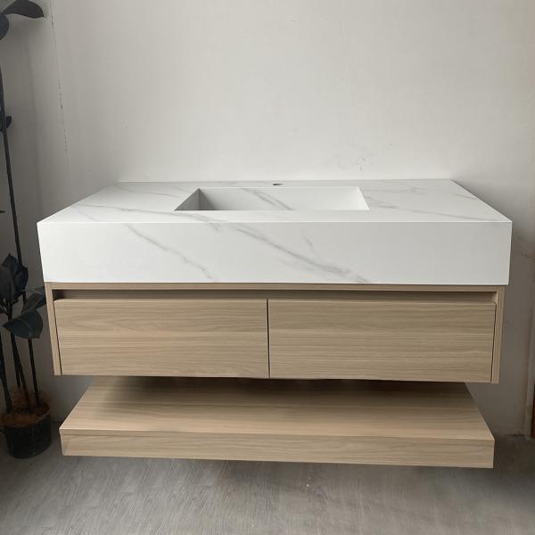 Muxing Waschbecken weiß Arbeitsplatte Holzmaserung Unterschrank Set mit Spiegel【YT-3256】