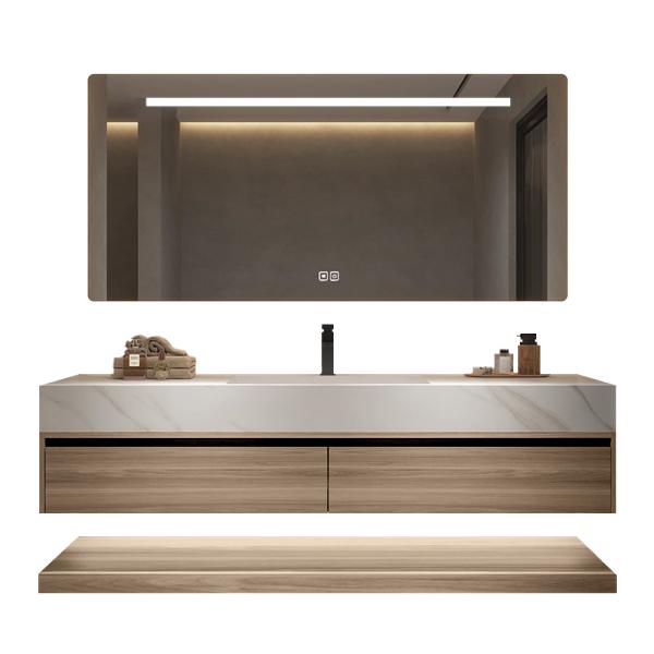 Muxing Waschbecken weiß Arbeitsplatte Holzmaserung Unterschrank Set mit Spiegel【YT-3256】