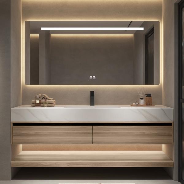 Muxing Waschbecken weiß Arbeitsplatte Holzmaserung Unterschrank Set mit Spiegel【YT-3256】