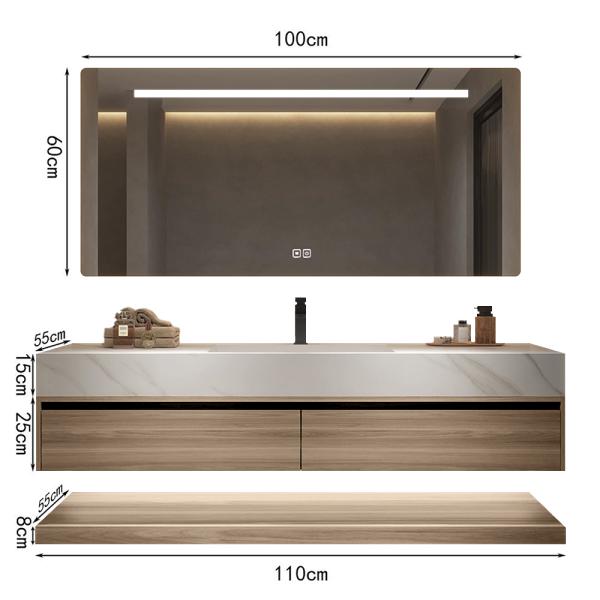 Muxing Waschbecken weiß Arbeitsplatte Holzmaserung Unterschrank Set mit Spiegel【YT-3256】