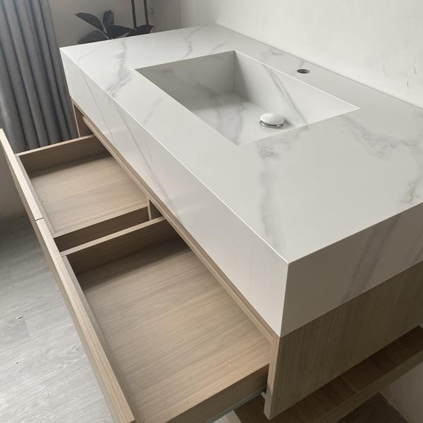 Muxing Waschbecken weiß Arbeitsplatte Holzmaserung Unterschrank Set mit Spiegel【YT-3256】