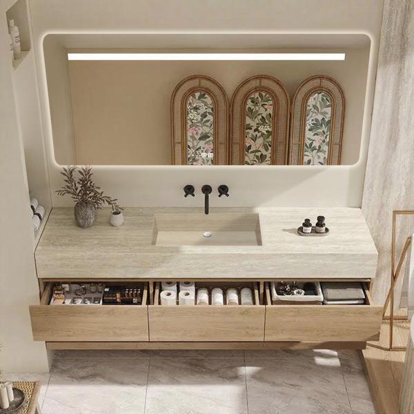 Muxing Wandhängendes Waschbecken-Set - Sinterstein - Travertine look,mit Spiegel, Unterschrank, Ablage & Ablauf, ohne Armaturenloch 120×55 cm【YT9865-BKK】