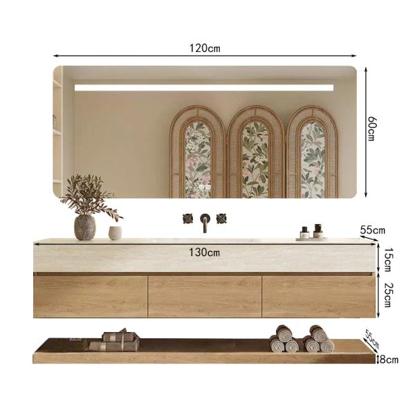 Muxing Wandhängendes Waschbecken-Set - Sinterstein - Travertine look,mit Spiegel, Unterschrank, Ablage & Ablauf, ohne Armaturenloch 120×55 cm【YT9865-BKK】