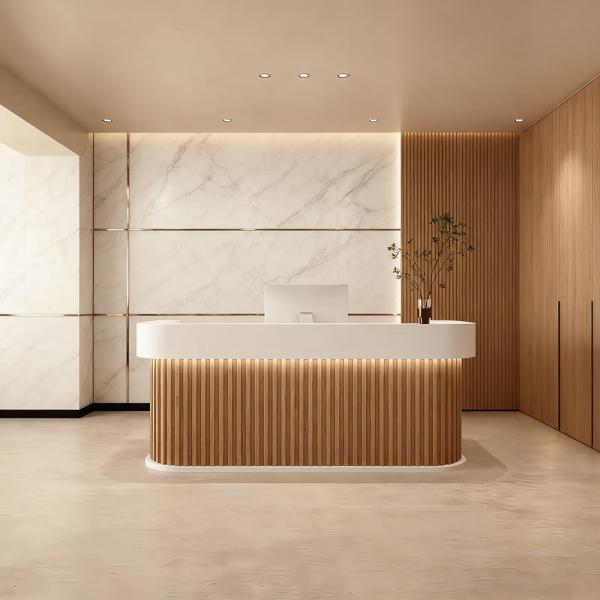 MuXing Reception Desk, Bar Counter, Rounded Corner Design, Vertical Stripe Pattern, Salon, Hotel, Store Front Desk【Baise】